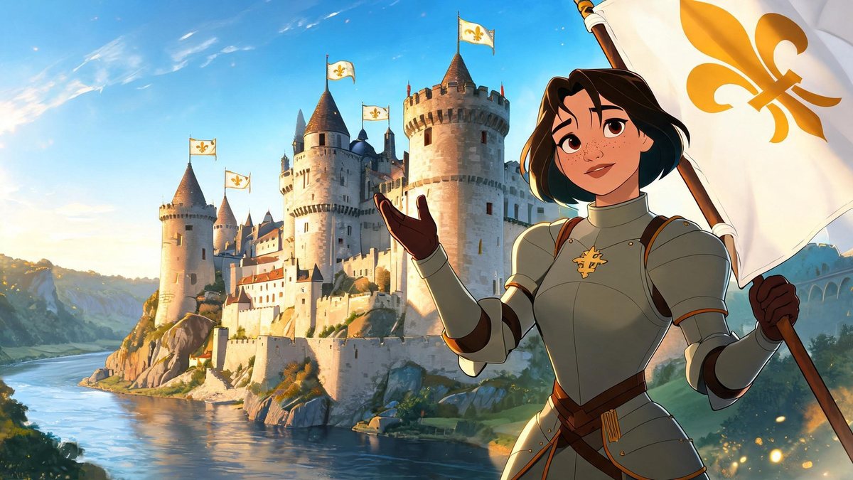 Jeanne d'Arc devant le château, image de la mini-série animée Saint-Louis