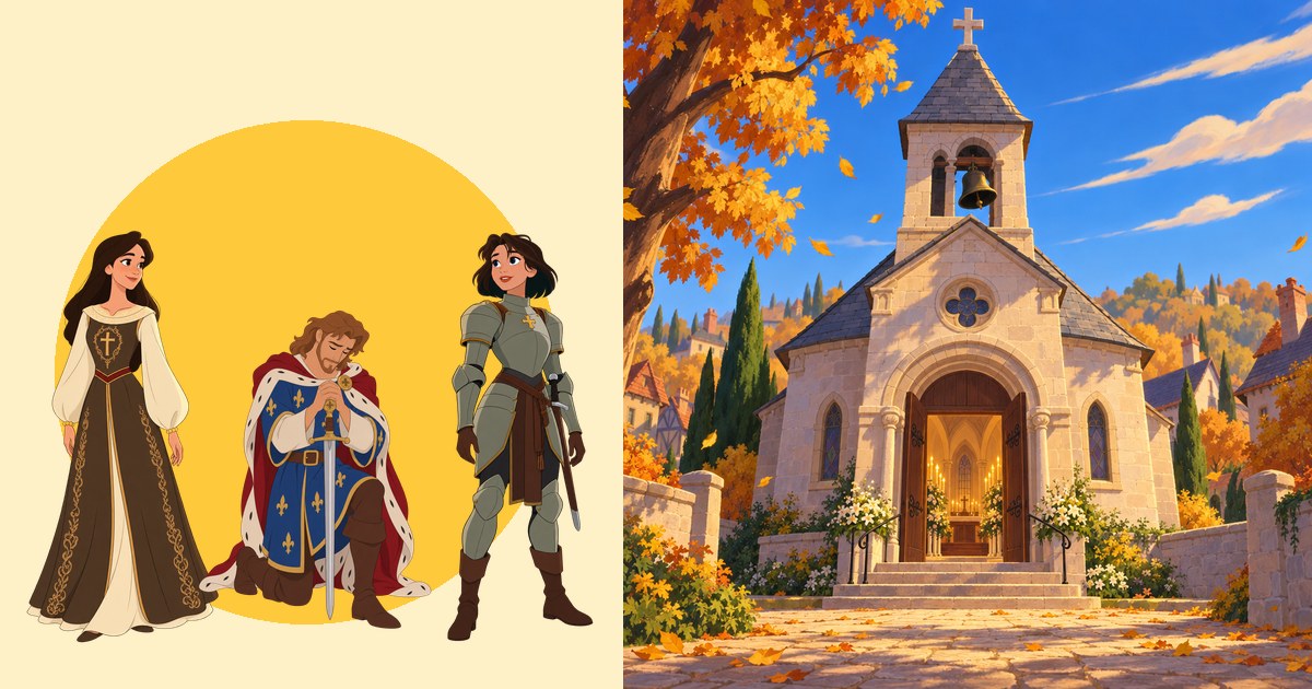 Sainte Clotilde, saint Louis et sainte Jeanne d’Arc devant l’église du village, dessin des Éditions Saint-Louis