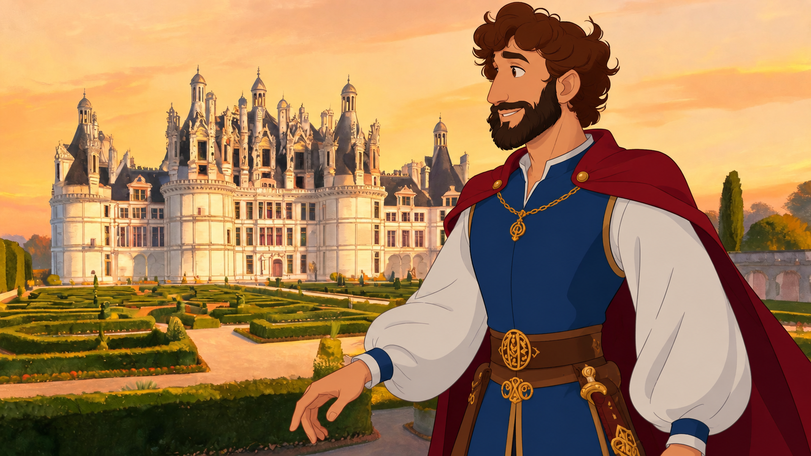 Un héros de la Renaissance devant un château de la Loire