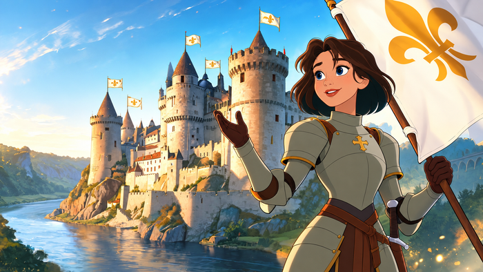 Jeanne d'Arc devant le château, image de la mini-série animée Saint-Louis